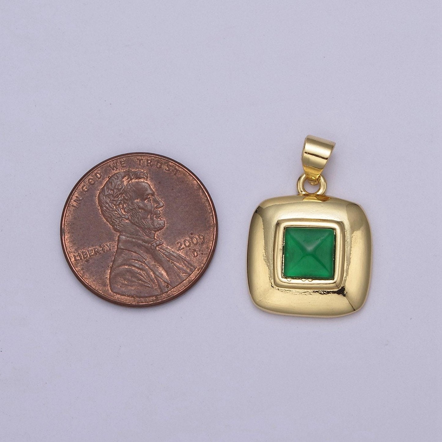 Dainty emerald green cz square gold medallion charm tiny small pendant tag charm, bracelet necklace earring finding