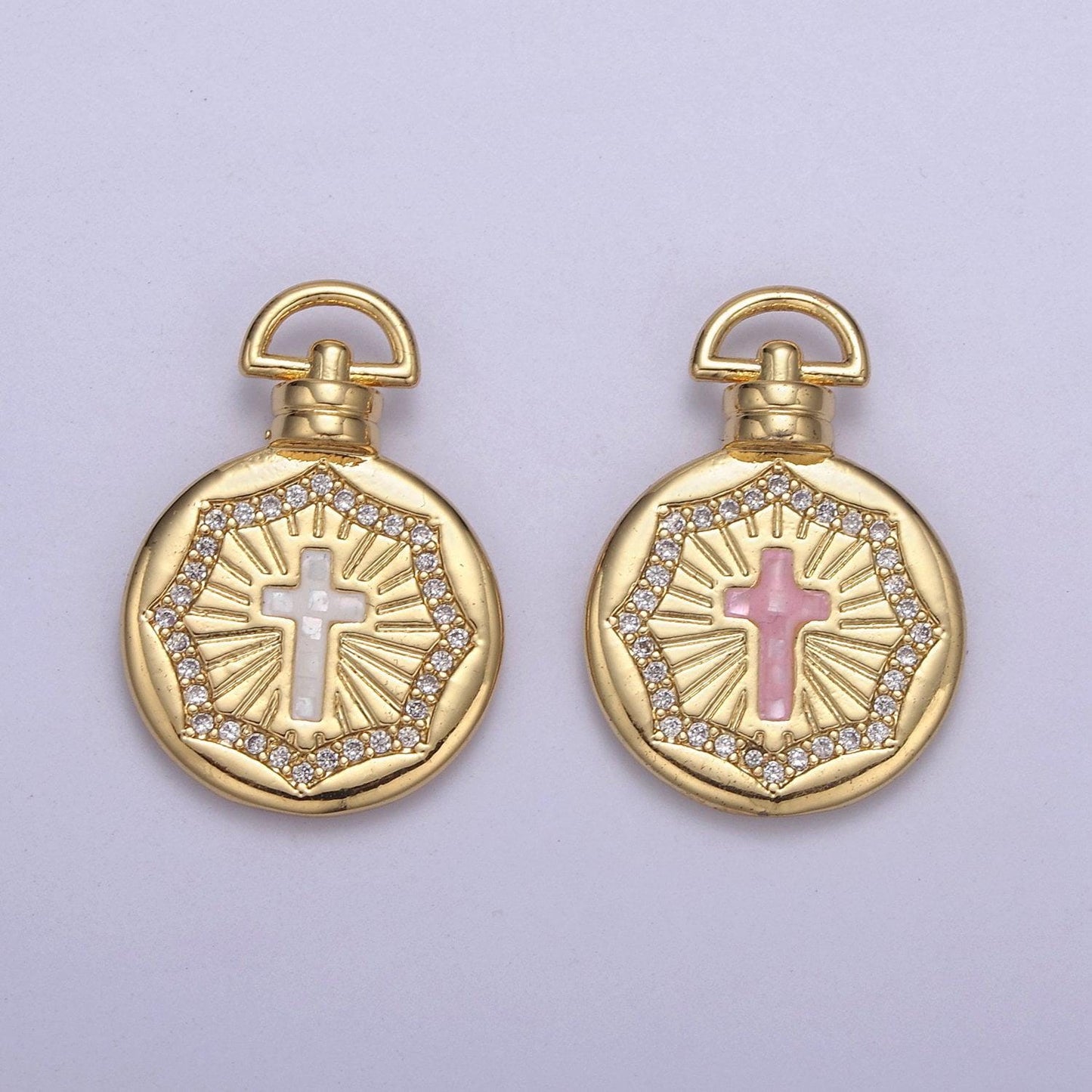 14k gold fill round pink/white religious catholic christian cross medallion micro pave, baptism gift, charm pendants for diy jewelry finding