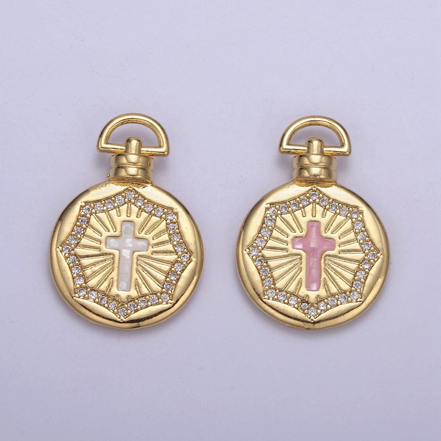 14k gold fill round pink/white religious catholic christian cross medallion micro pave, baptism gift, charm pendants for diy jewelry finding