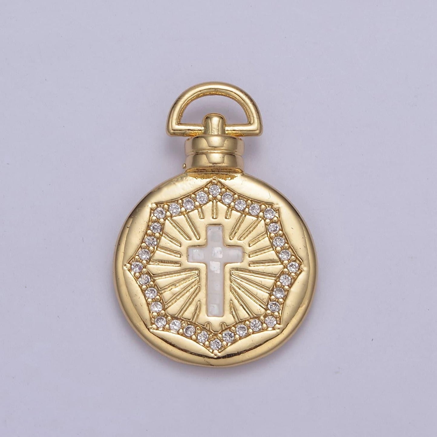 14k gold fill round pink/white religious catholic christian cross medallion micro pave, baptism gift, charm pendants for diy jewelry finding