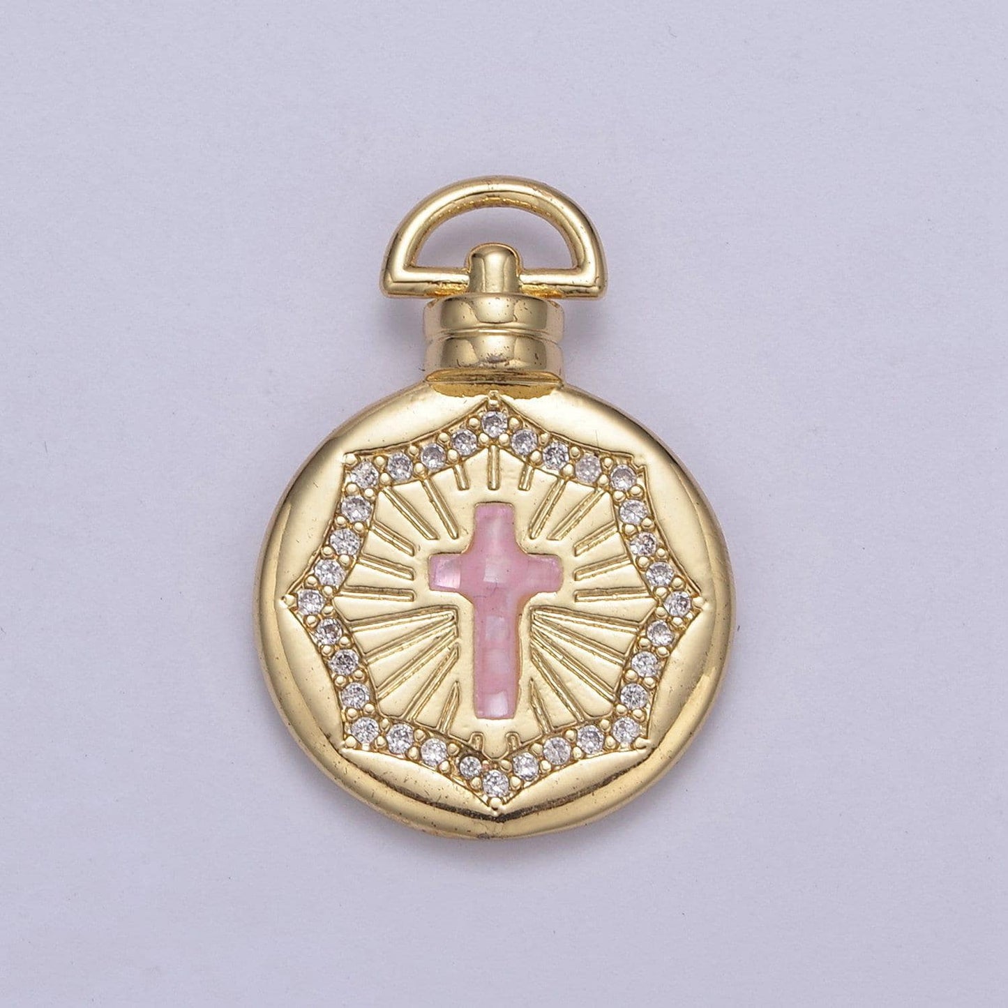 14k gold fill round pink/white religious catholic christian cross medallion micro pave, baptism gift, charm pendants for diy jewelry finding