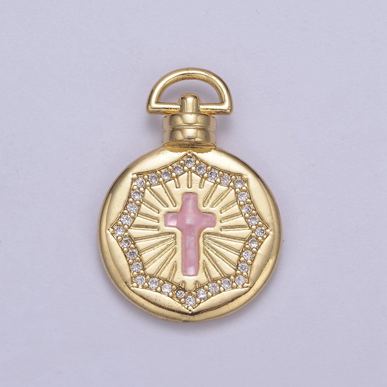 14k gold fill round pink/white religious catholic christian cross medallion micro pave, baptism gift, charm pendants for diy jewelry finding