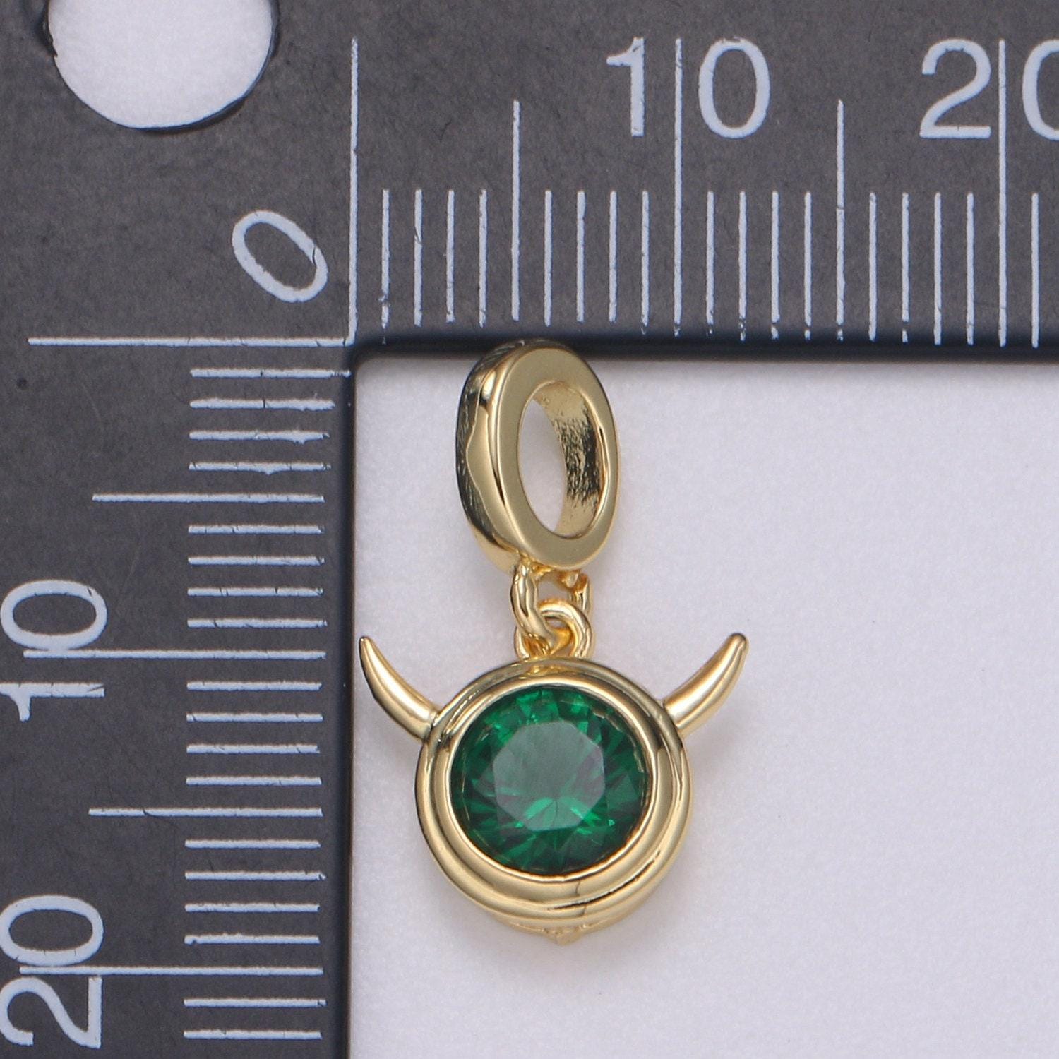 1pc 24k gold cz solitaire rolling horn charm, emerald green silver horn pendant charm, charm, for diy jewelry, pdgf-2187