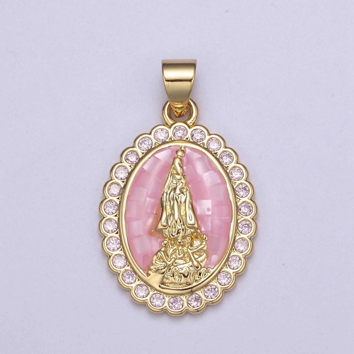 Pink opal miraculous lady charm for necklace, dainty lady of guadalupe pendant for religious jewelry making supply in gold filled - h601