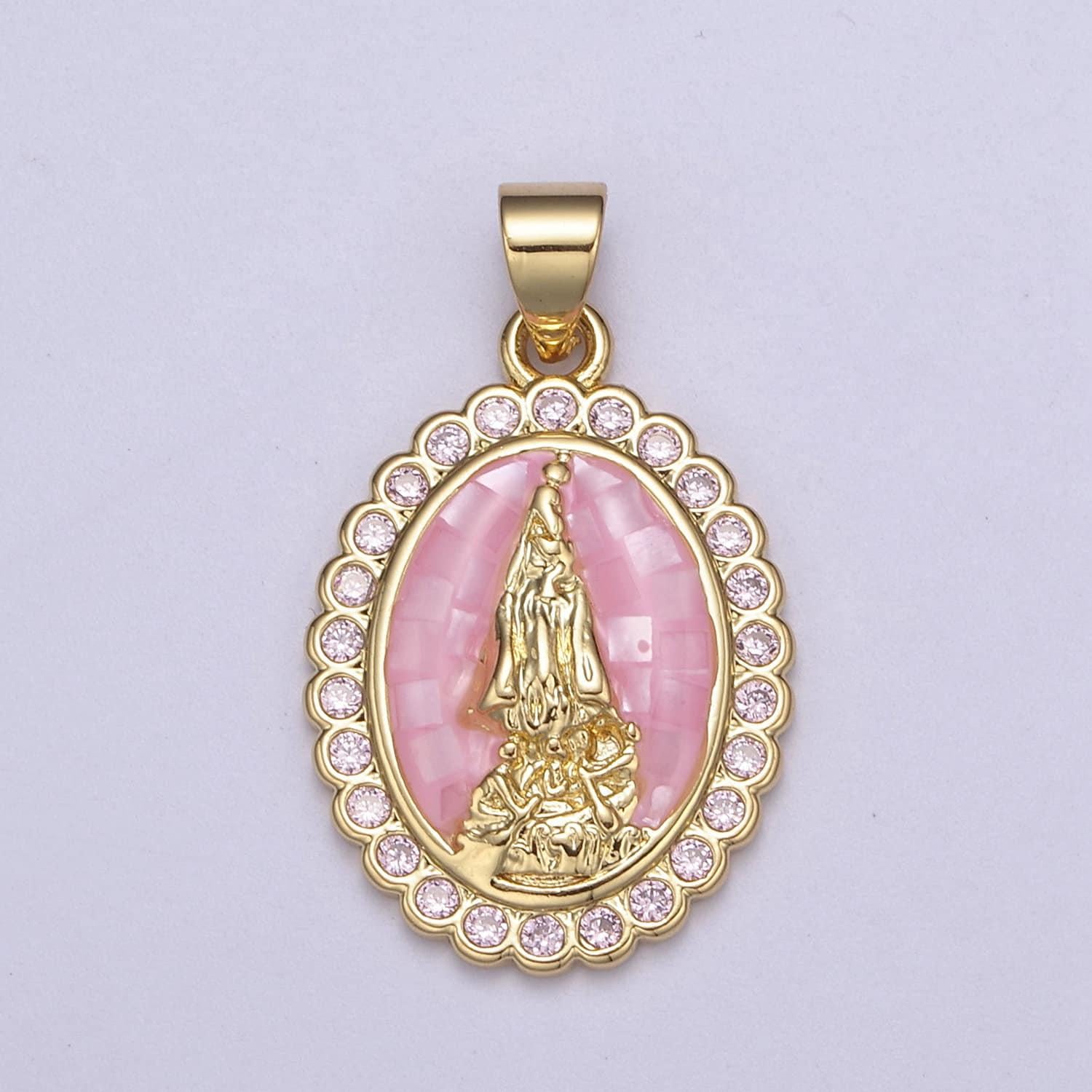 Pink opal miraculous lady charm for necklace, dainty lady of guadalupe pendant for religious jewelry making supply in gold filled - h601