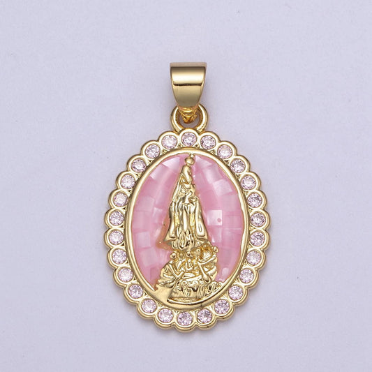 Pink opal miraculous lady charm for necklace, dainty lady of guadalupe pendant for religious jewelry making supply in gold filled - h601