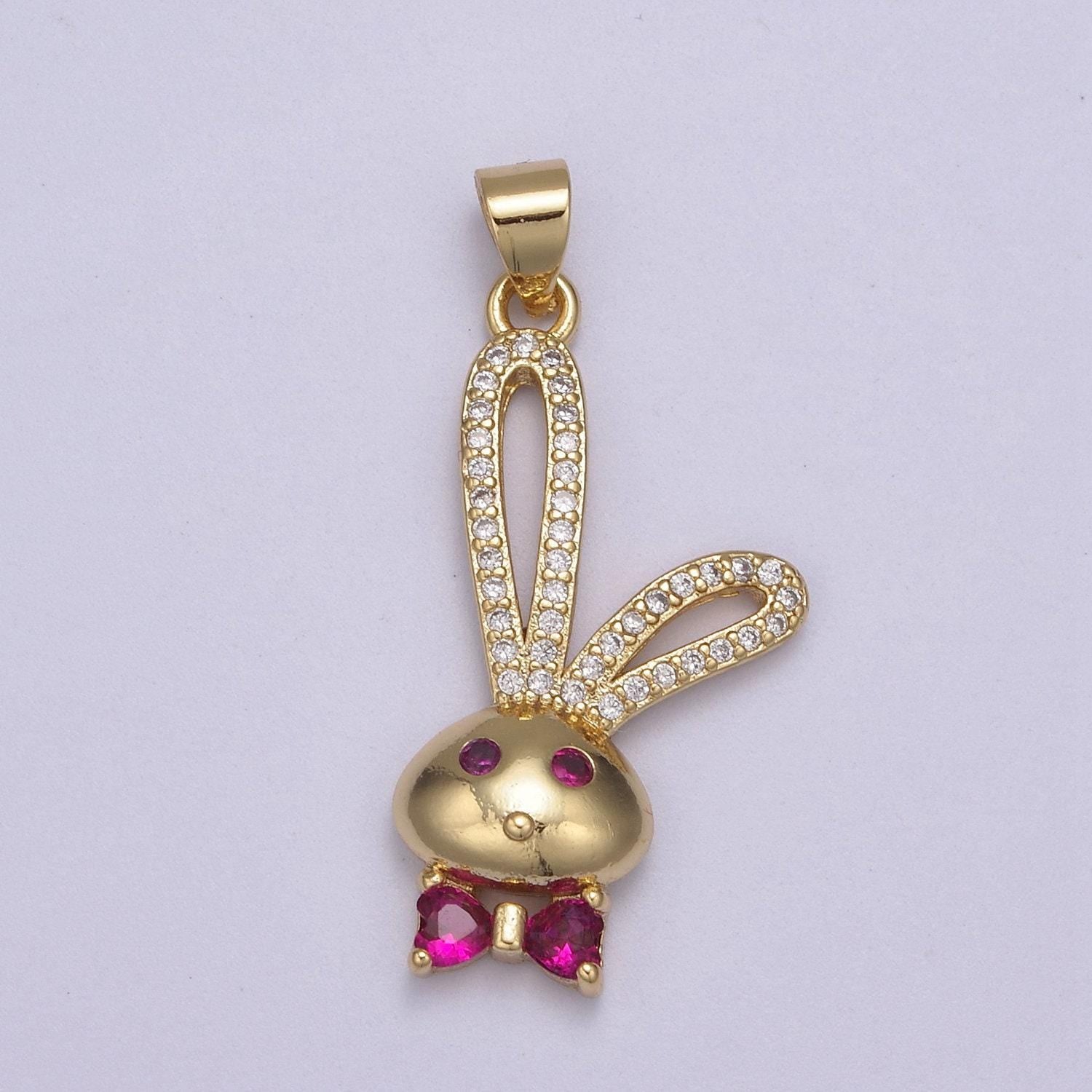 24k gold filed cz pink micro pave cute rabbit pink bunny with bowtie charm pendant cubic zirconia - h597