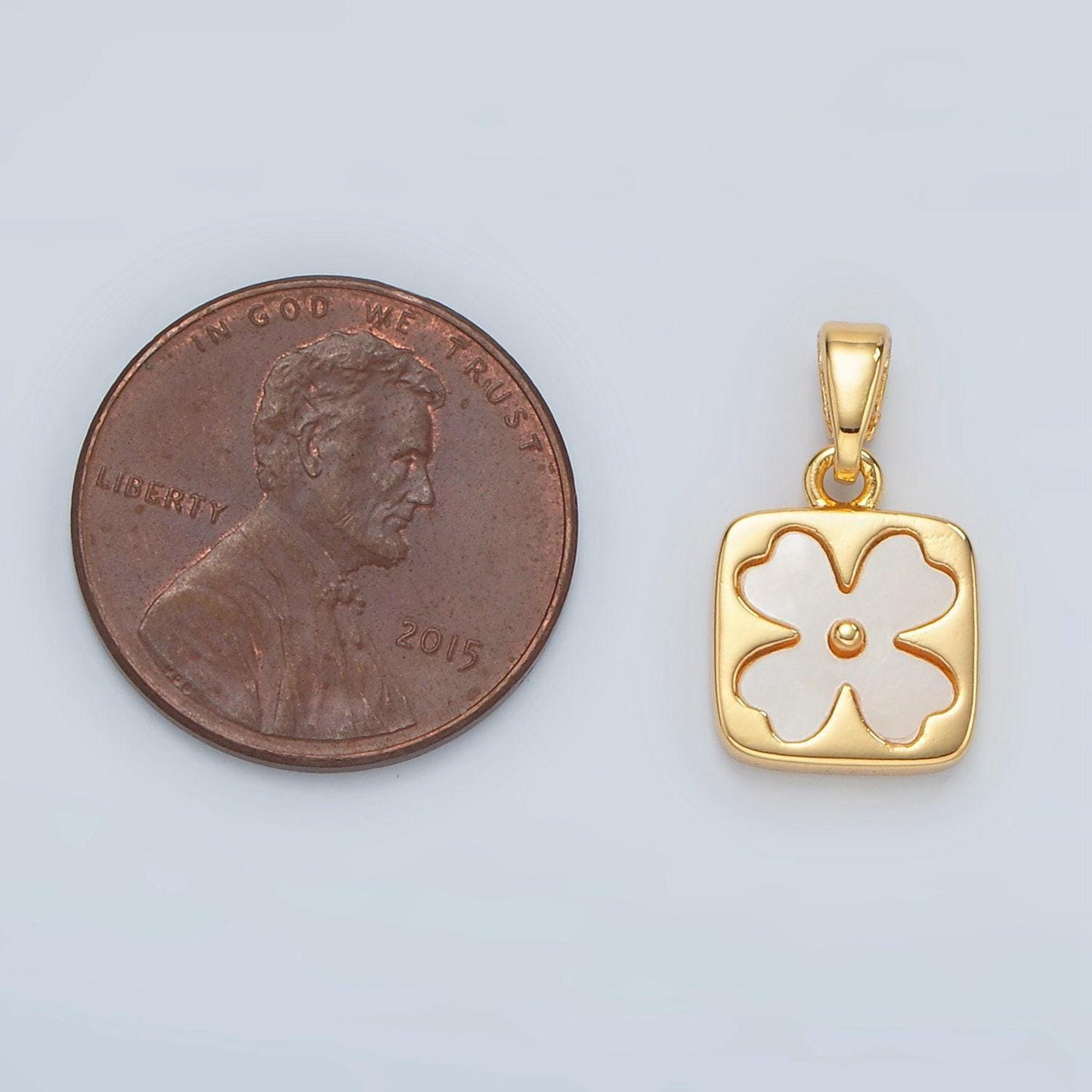 Gold pearly white four leaf lucky charm flower square charm, 24k gold filled shell pearl clover florette floral pendant | h587