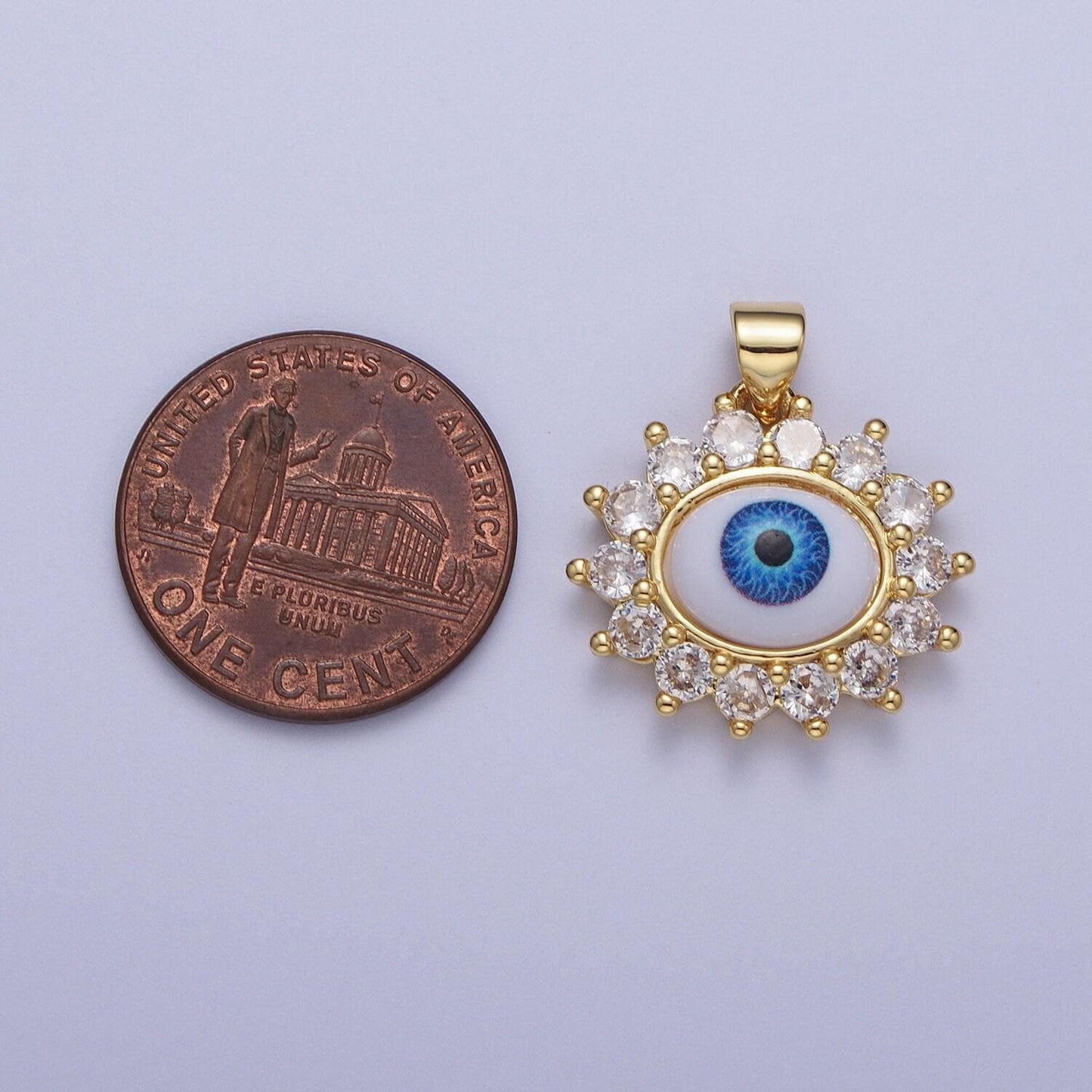 Gold cz evil eye floral edge pendant, 24k gold plated clear micro paved cz white enamel blue iris eye of ra flower edge charm | h-572