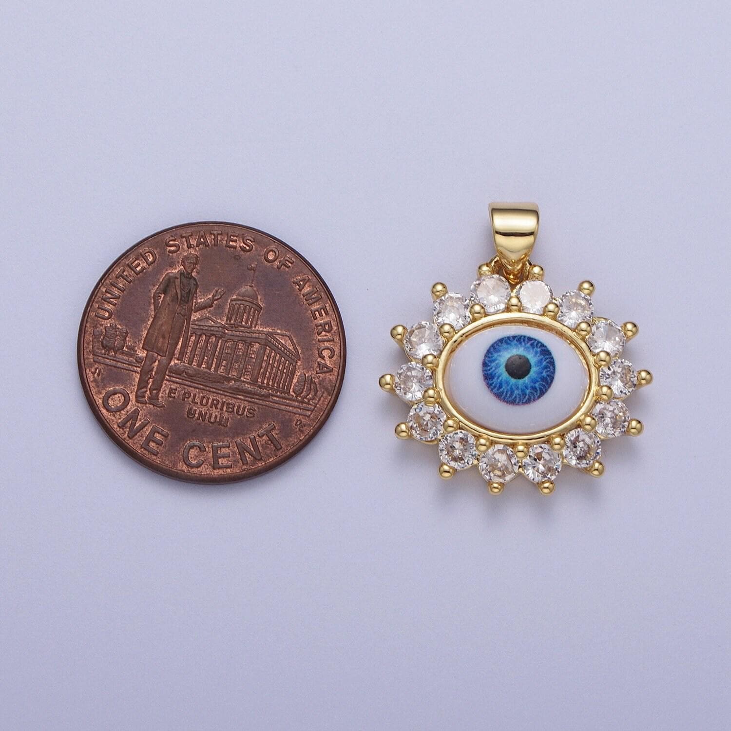 Gold cz evil eye floral edge pendant, 24k gold plated clear micro paved cz white enamel blue iris eye of ra flower edge charm | h-572