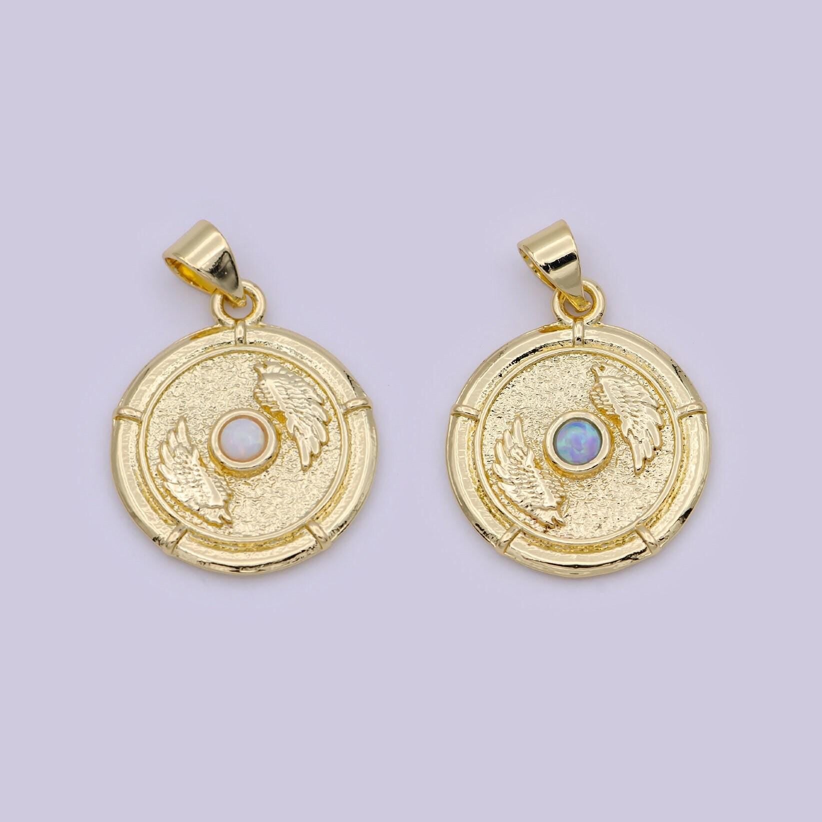 Dainty gold filled winged medallion white / blue opal centerpiece, angel wing pendant charm for necklace bracelet supply h-557 h-560