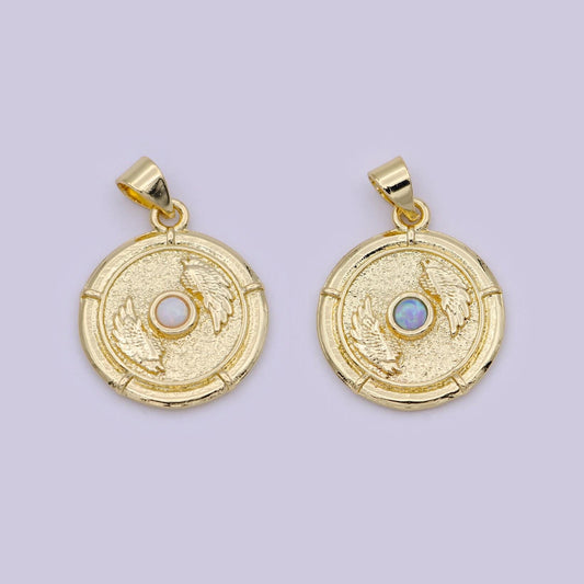 Dainty gold filled winged medallion white / blue opal centerpiece, angel wing pendant charm for necklace bracelet supply h-557 h-560