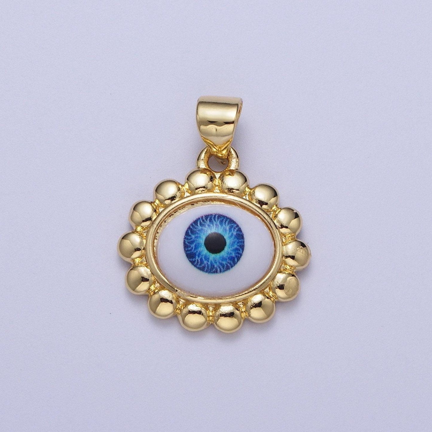 Gold evil eye floral edge pendant, 24k gold plated white enamel blue iris eye of ra flower edge charm | h-558