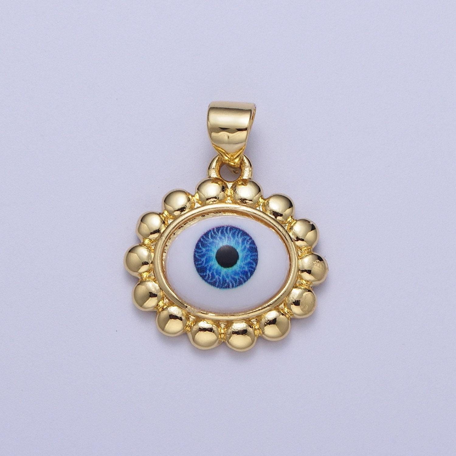 Gold evil eye floral edge pendant, 24k gold plated white enamel blue iris eye of ra flower edge charm | h-558