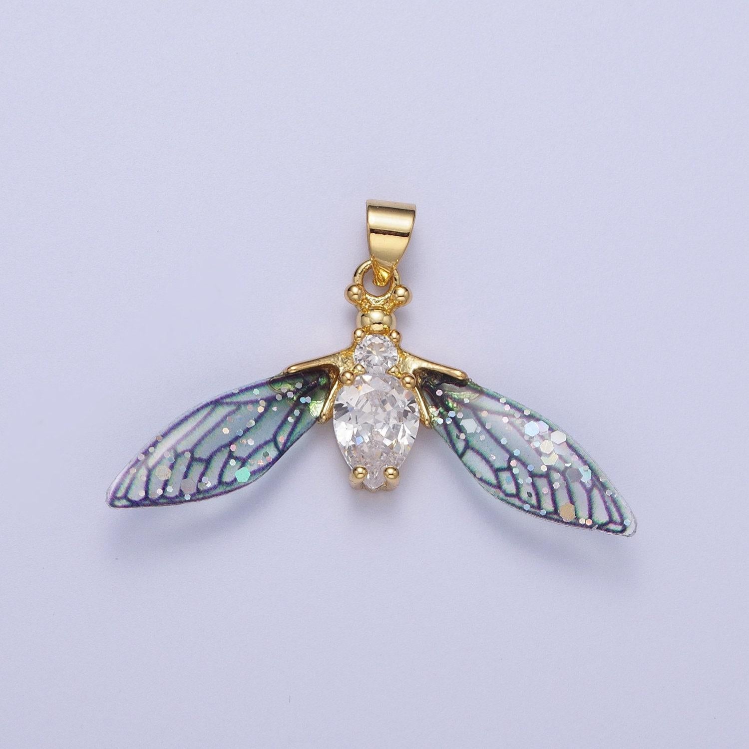 Gold cz blue & fuchsia fairy wasps wings pendant, 24k gold filled micro paved cz resin beautiful sparkly insect wings charm | h-512, h-520