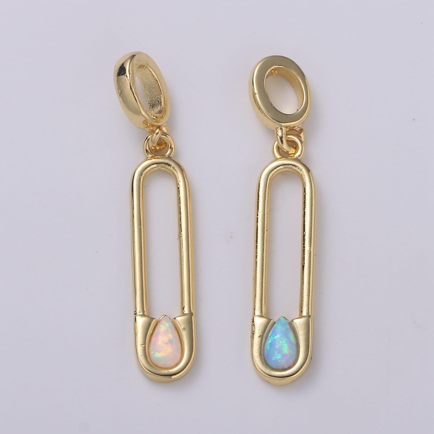 Blue and white opal 24k safety pin pendant, teardrop opal charm for bracelet earring necklace pdgf-2183