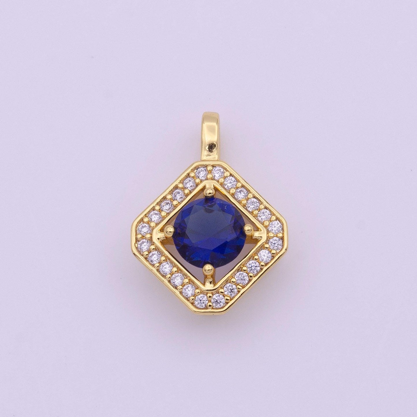 Dainty gold micro pave rhombus charm blue cz stone dangle charm necklace for minimalist jewelry