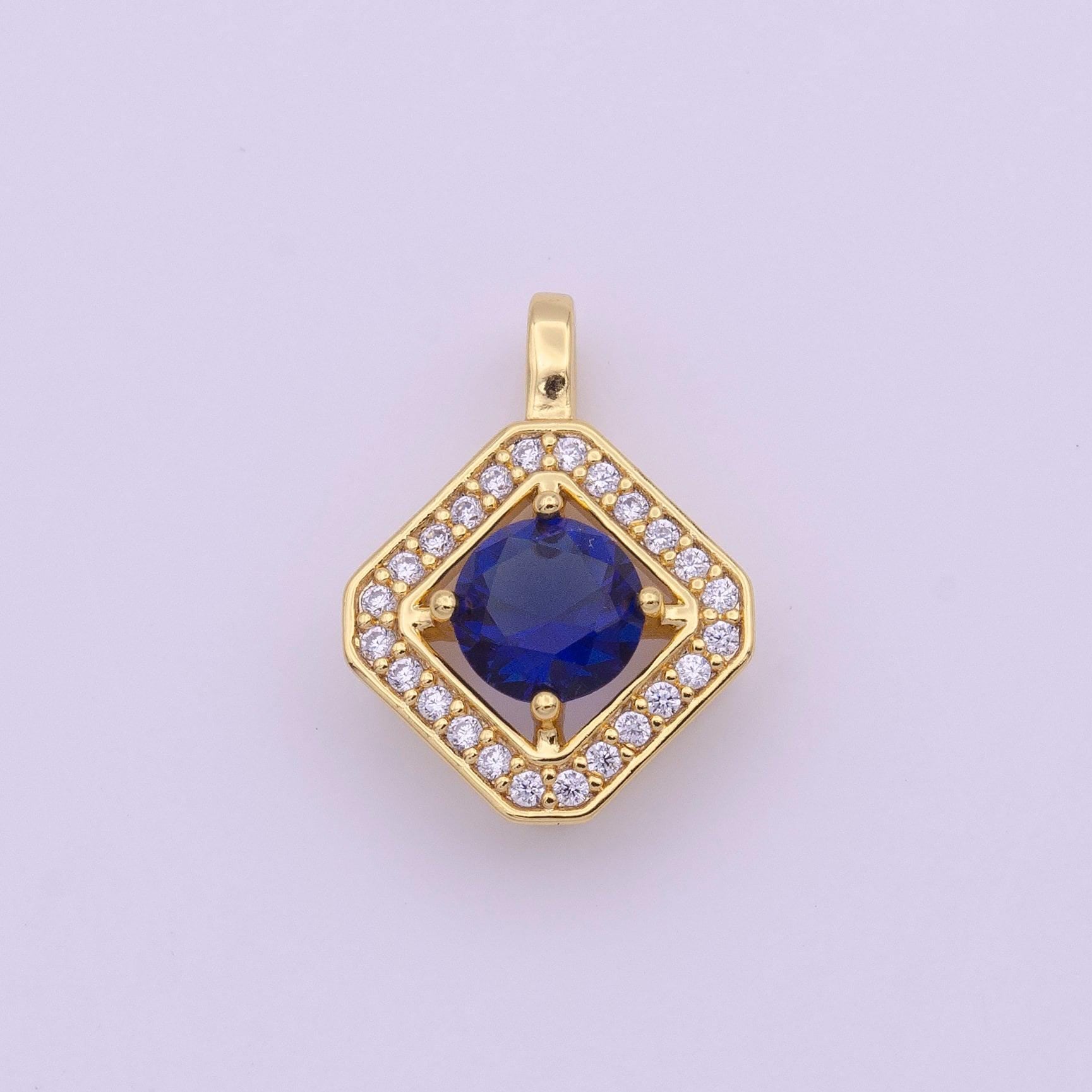Dainty gold micro pave rhombus charm blue cz stone dangle charm necklace for minimalist jewelry