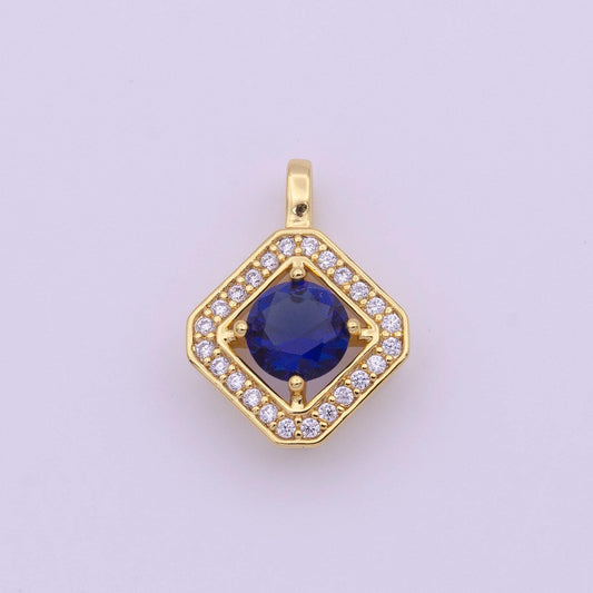 Dainty gold micro pave rhombus charm blue cz stone dangle charm necklace for minimalist jewelry