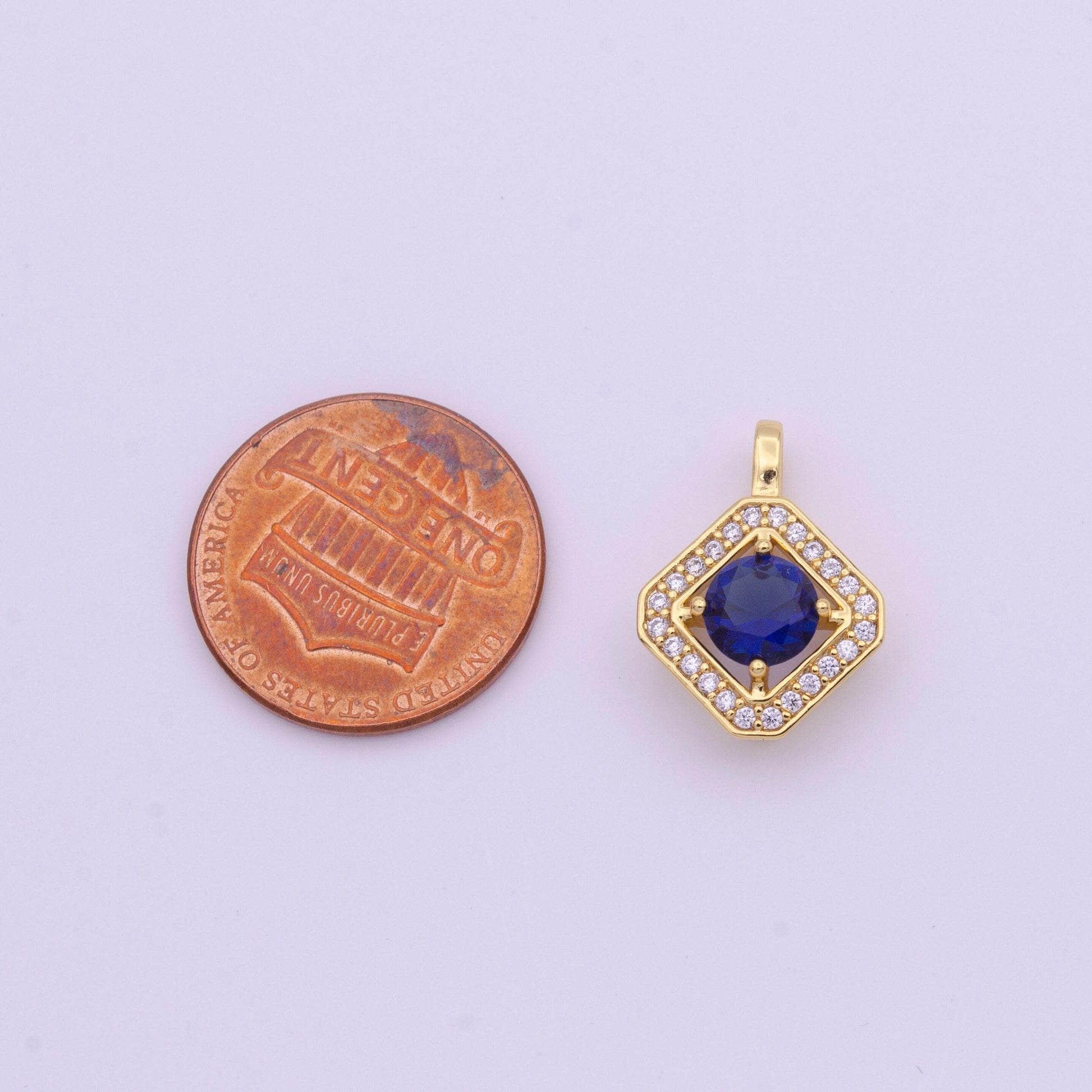 Dainty gold micro pave rhombus charm blue cz stone dangle charm necklace for minimalist jewelry