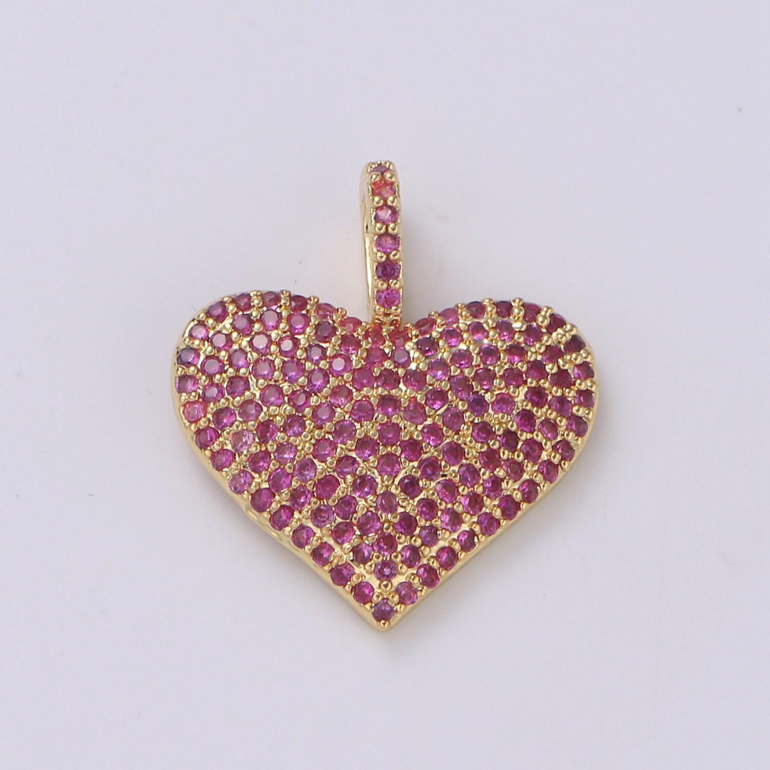 1x big heart pendant, micro pave heart necklace pendant in gold heart charm clear purple fuschia cubic heart charm 17x21mm