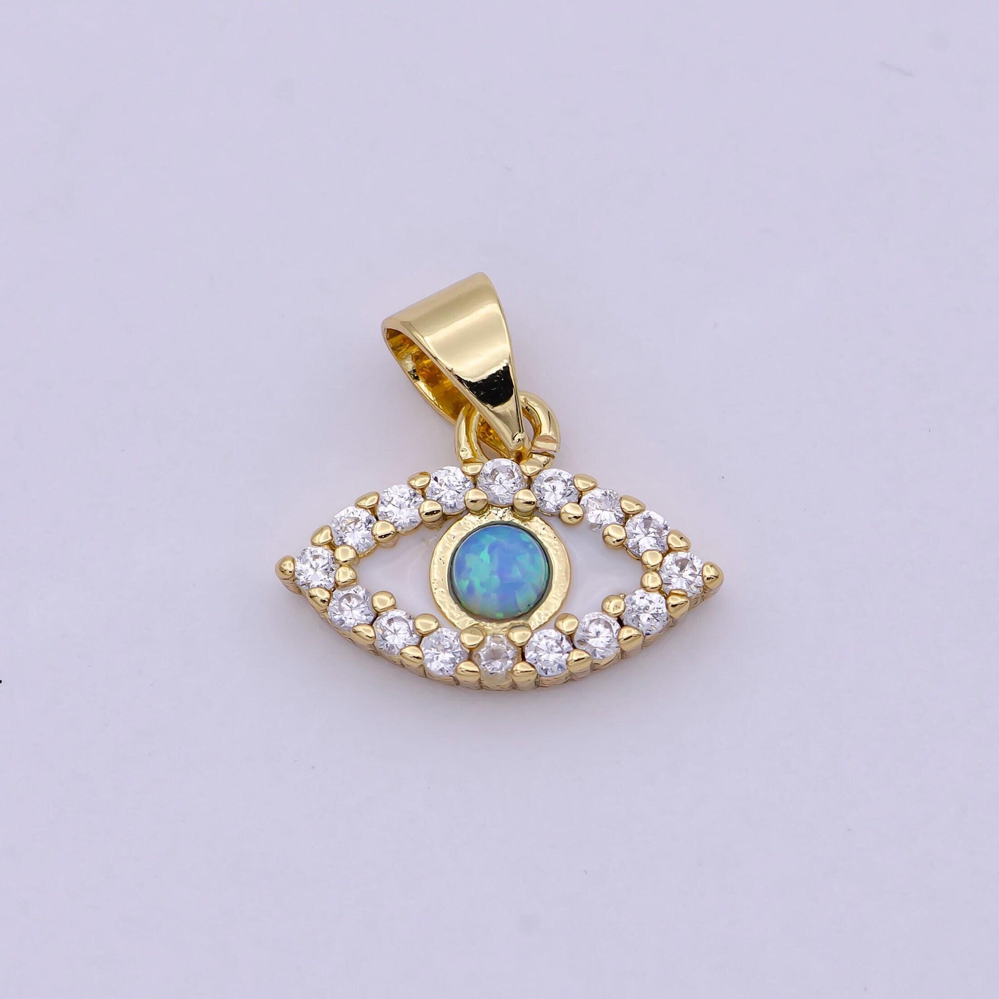 Evil eye micro pave blue opal charm - evil eye cubic zirconia wholesale pendant fashion jewelry supply necklace bracelet earring h-444