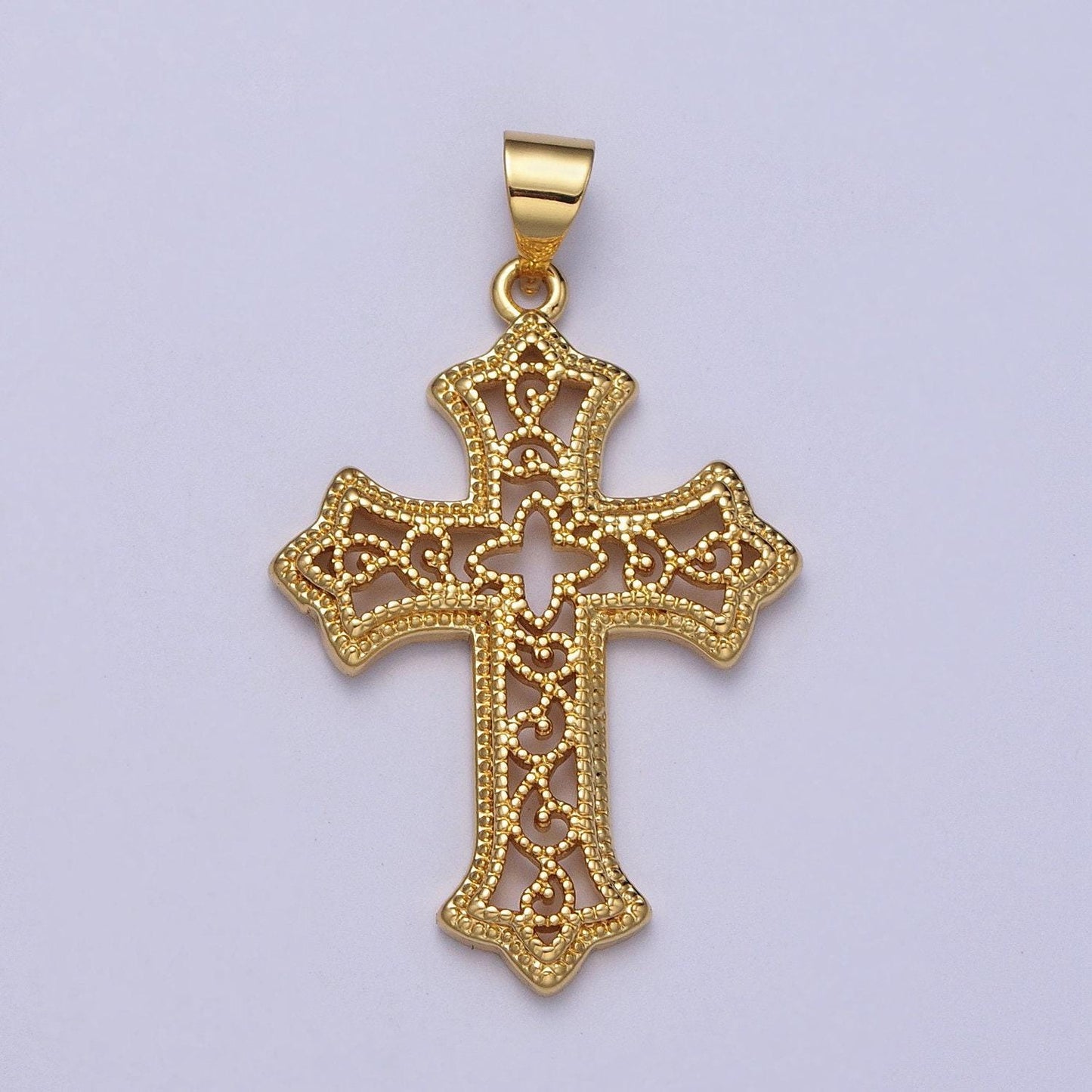 Gold ornate cross pendant for necklace rosarry component religious jewelry making supply h-412