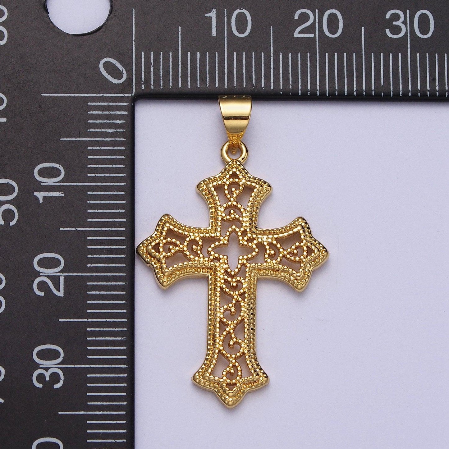 Gold ornate cross pendant for necklace rosarry component religious jewelry making supply h-412
