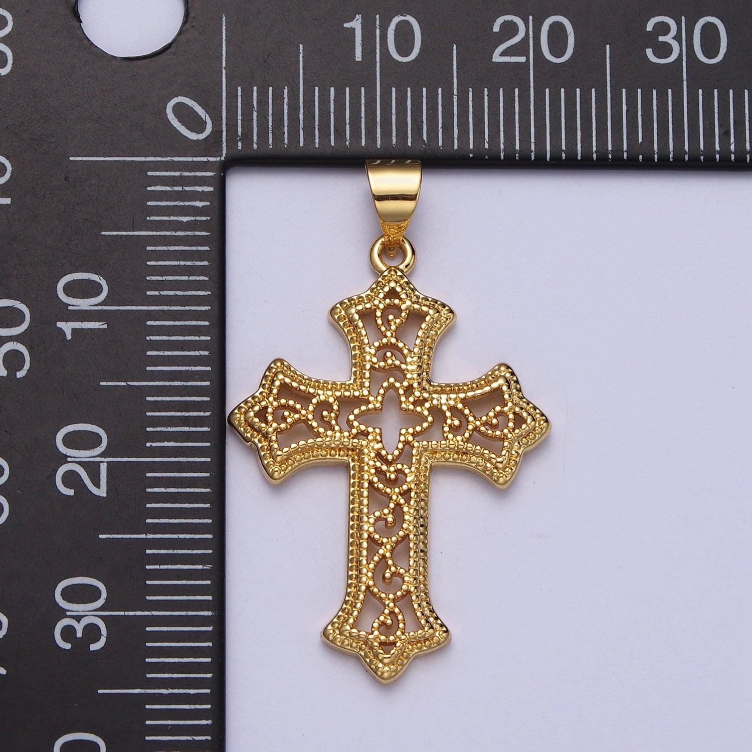 Gold ornate cross pendant for necklace rosarry component religious jewelry making supply h-412