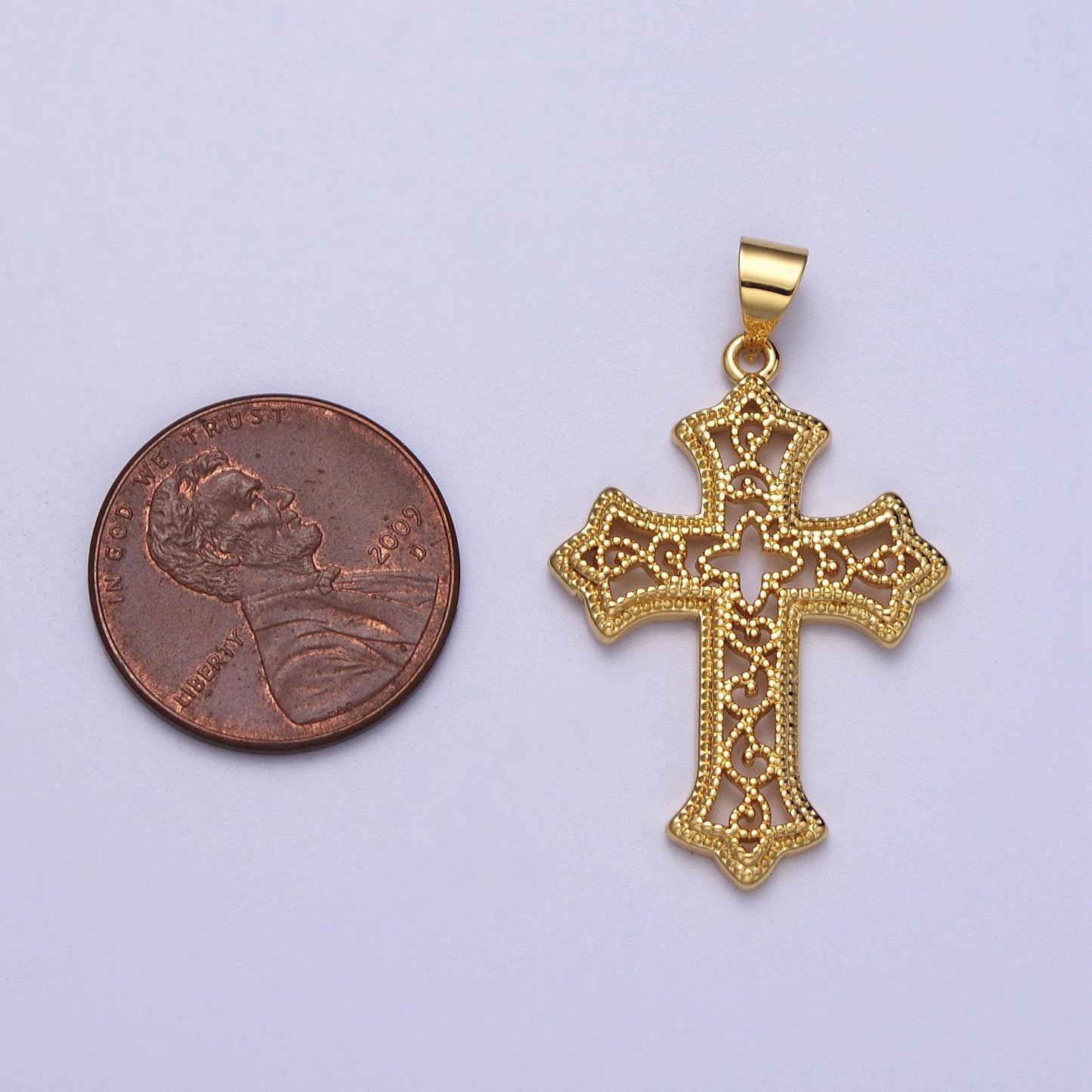 Gold ornate cross pendant for necklace rosarry component religious jewelry making supply h-412
