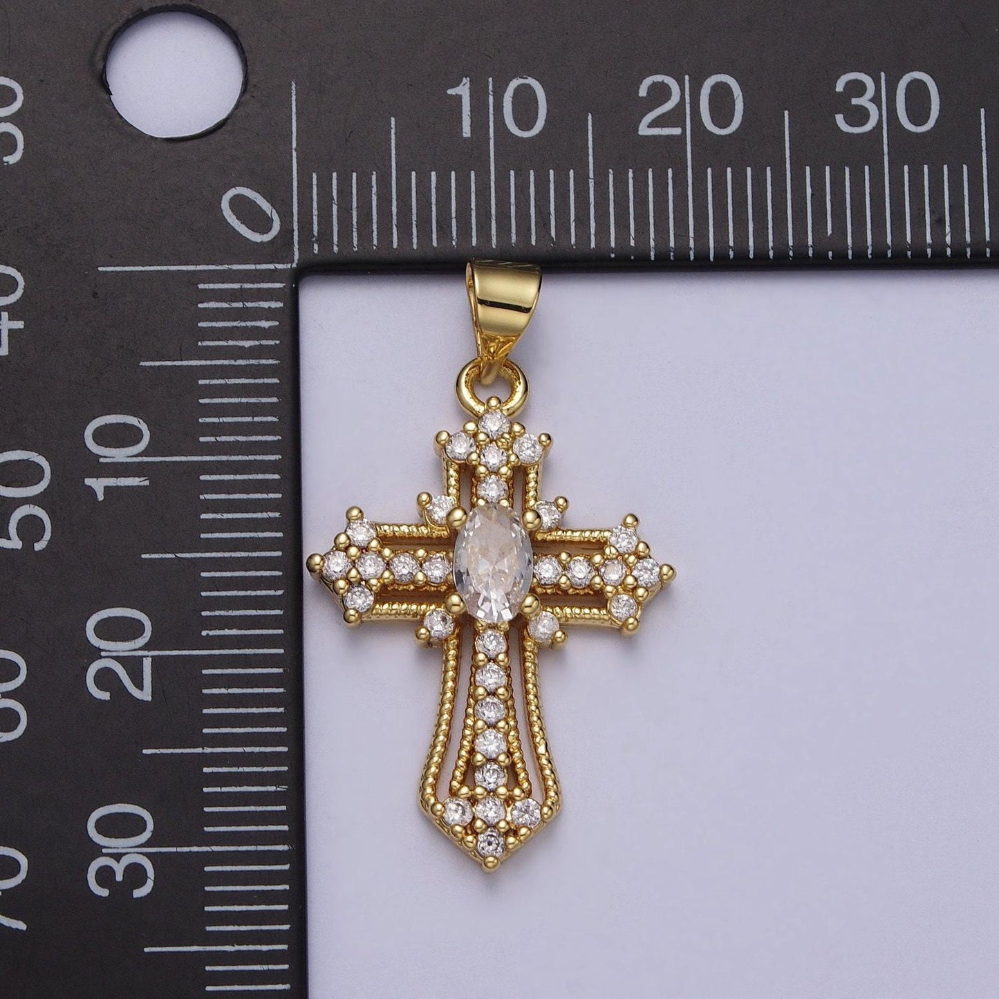 24k gold filled clear micro paved oval cz statement cross charm religious pendant | h411