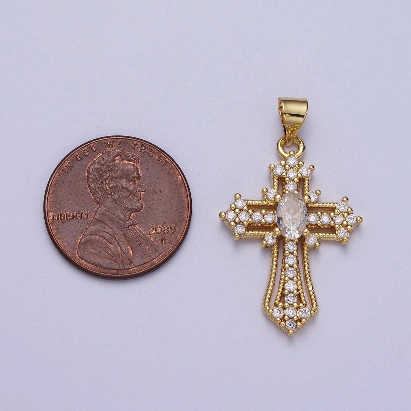 24k gold filled clear micro paved oval cz statement cross charm religious pendant | h411
