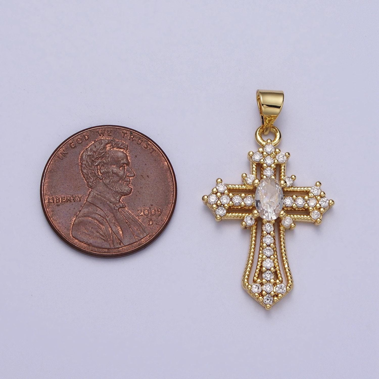 24k gold filled clear micro paved oval cz statement cross charm religious pendant | h411
