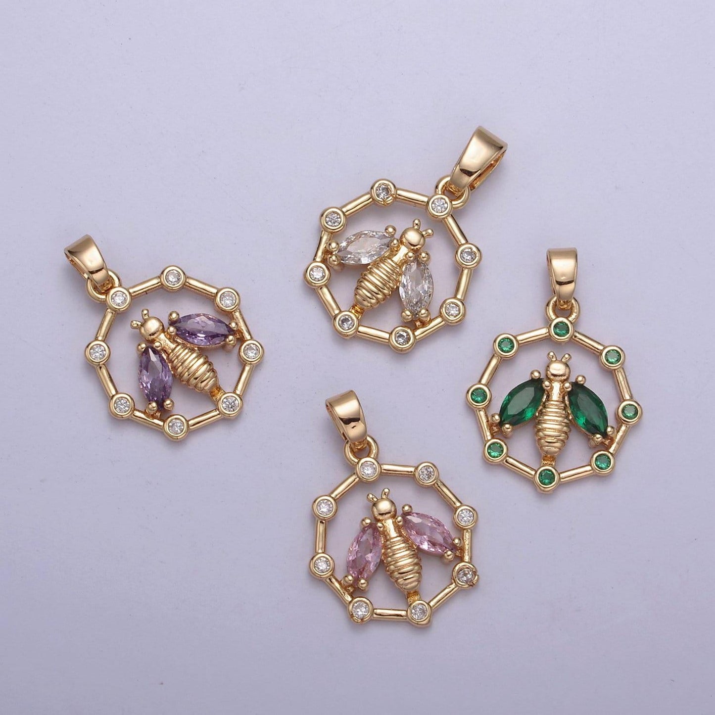 18k gold filled dainty bee pendant round coin cz charm h-406 / h-408 / h-409 / h-410