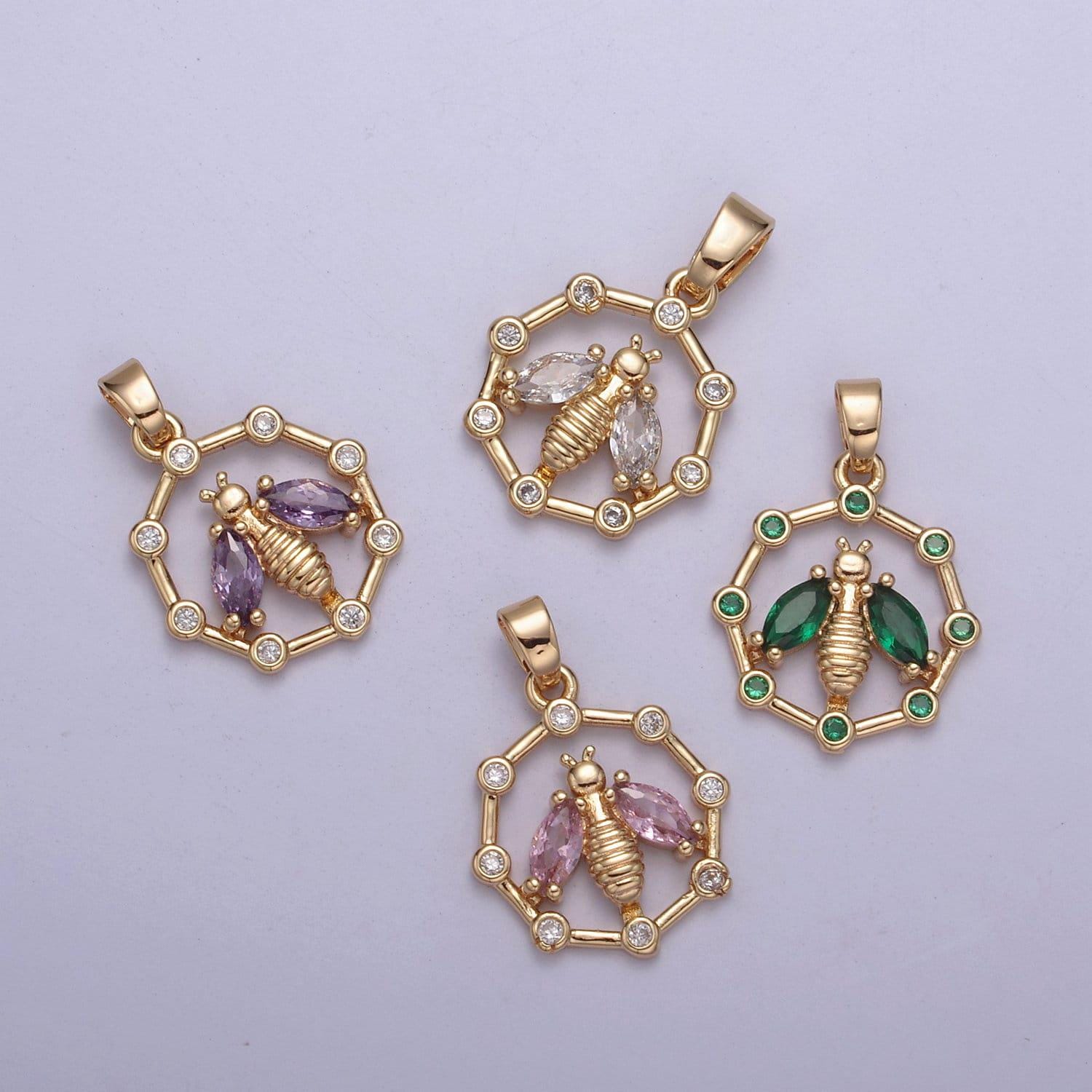 18k gold filled dainty bee pendant round coin cz charm h-406 / h-408 / h-409 / h-410