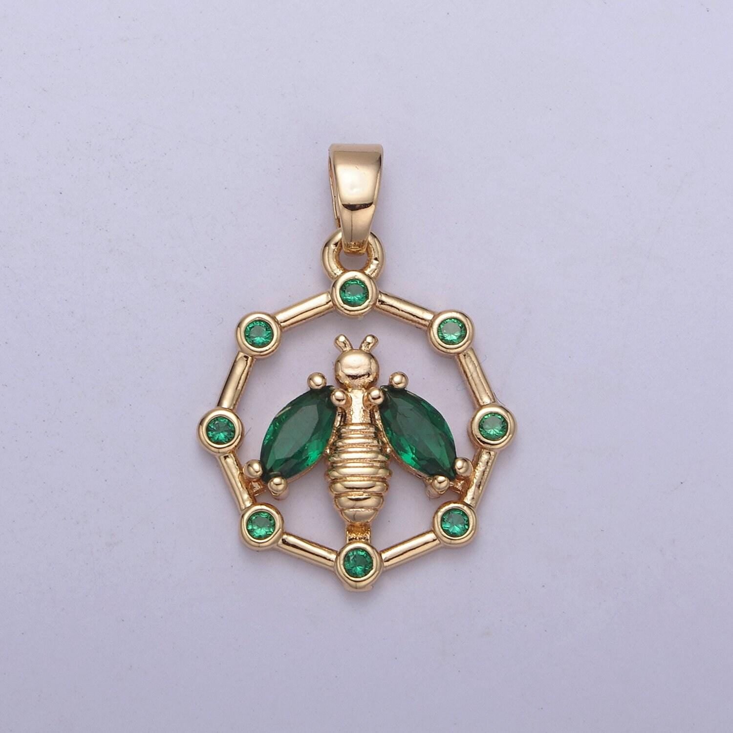 18k gold filled dainty bee pendant round coin cz charm h-406 / h-408 / h-409 / h-410