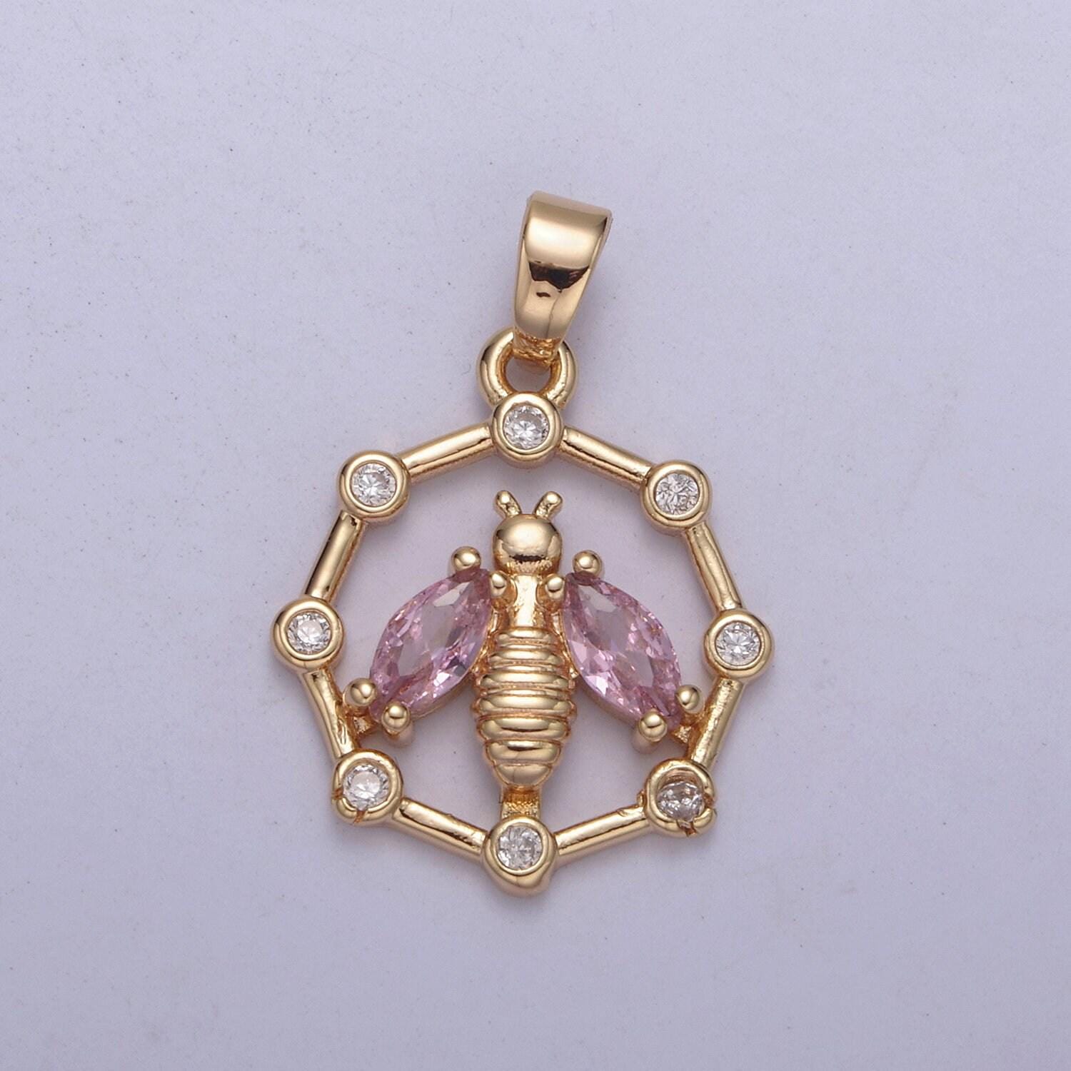 18k gold filled dainty bee pendant round coin cz charm h-406 / h-408 / h-409 / h-410