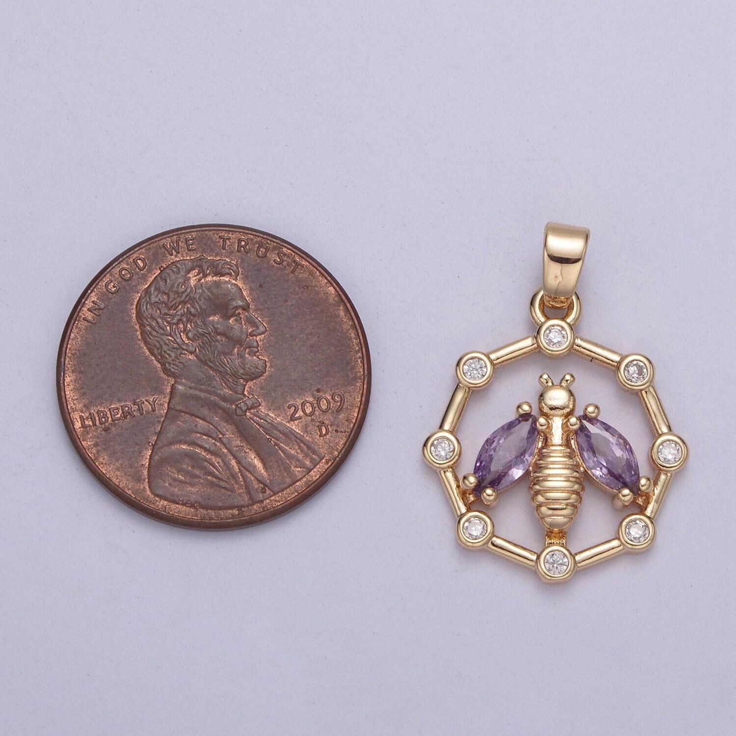 18k gold filled dainty bee pendant round coin cz charm h-406 / h-408 / h-409 / h-410