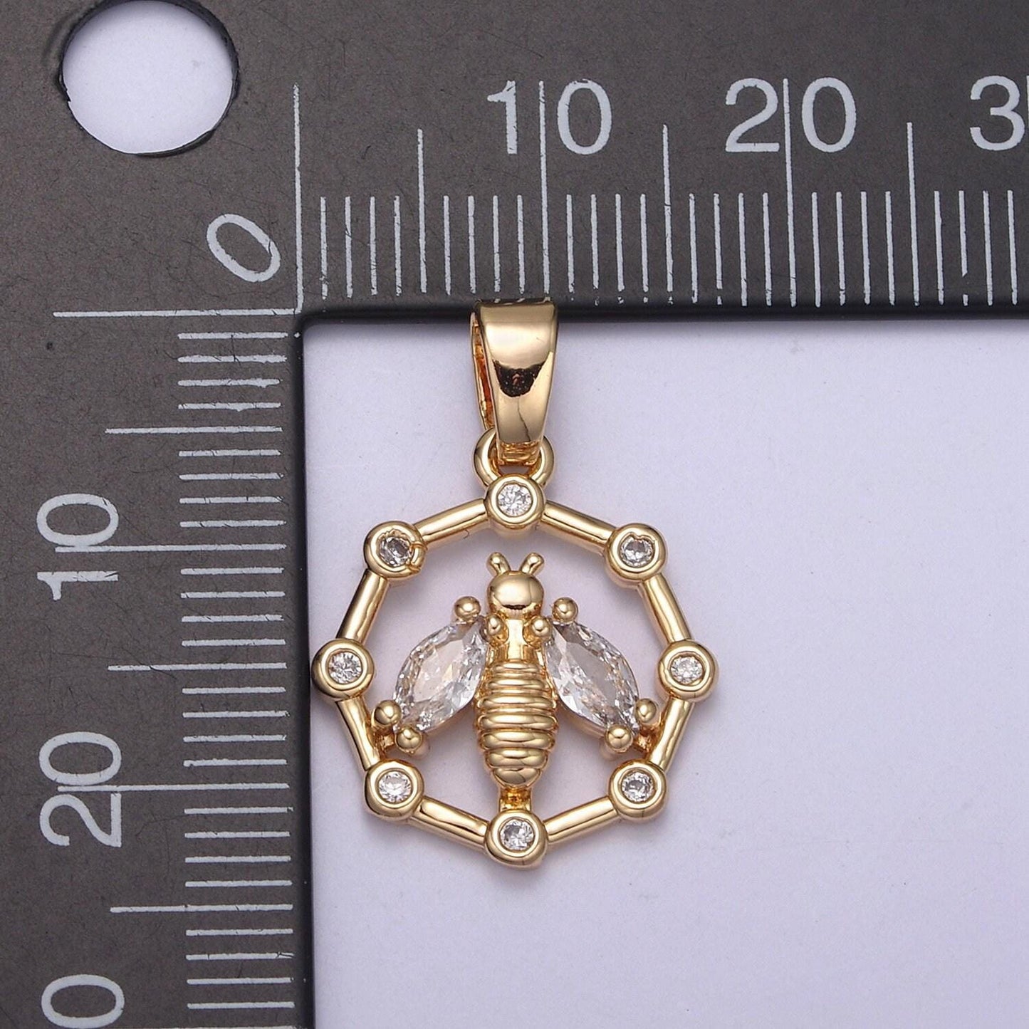 18k gold filled dainty bee pendant round coin cz charm h-406 / h-408 / h-409 / h-410