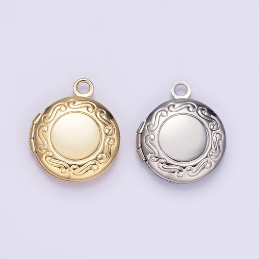 Dainty gold filled 16mm curved engraved round locket charm for earring locket jewelry making supply | h357