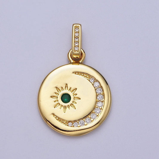 14k gold filled celestial sun crescent moon round coin charm cubic zirconia moon star pendant | h353