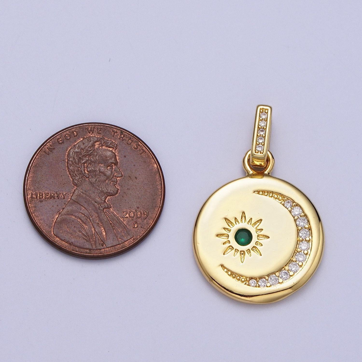 14k gold filled celestial sun crescent moon round coin charm cubic zirconia moon star pendant | h353