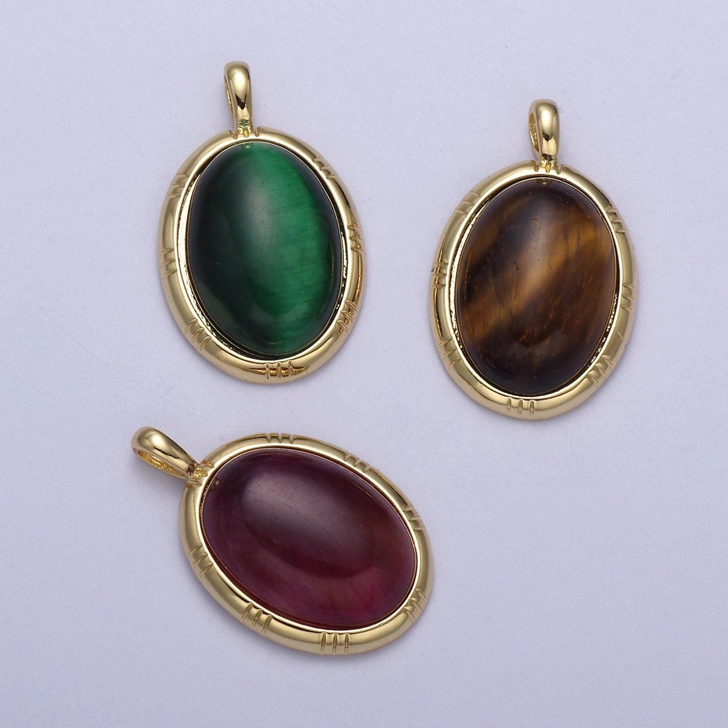 Tiger eye gemstone necklace pendant - oval medallion tiger’s eye gemstone pendant green purple yellow stone h-332 / h-333 / h-334