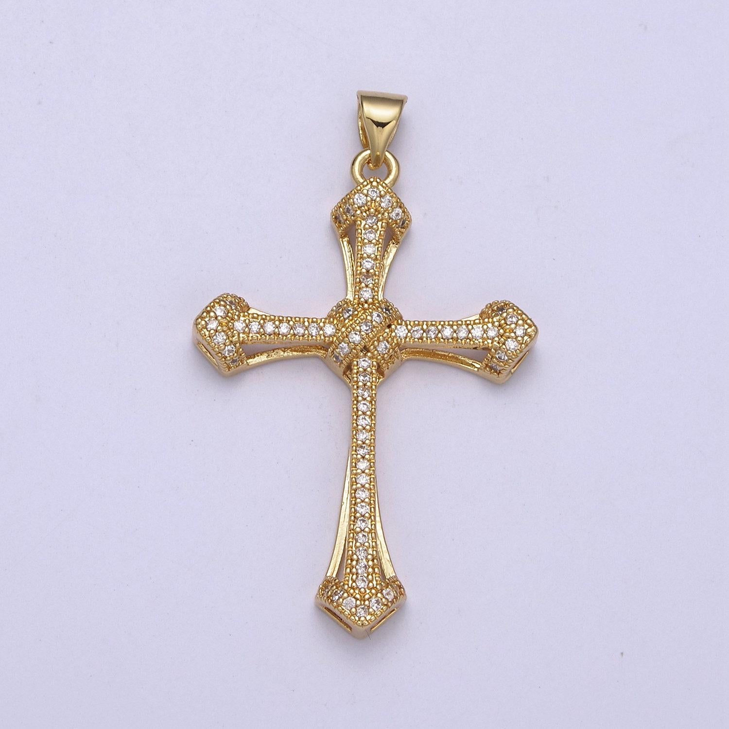Large gold cz micro pave cross pendant, cubic zirconia charm micro pave jewelry findings h-325