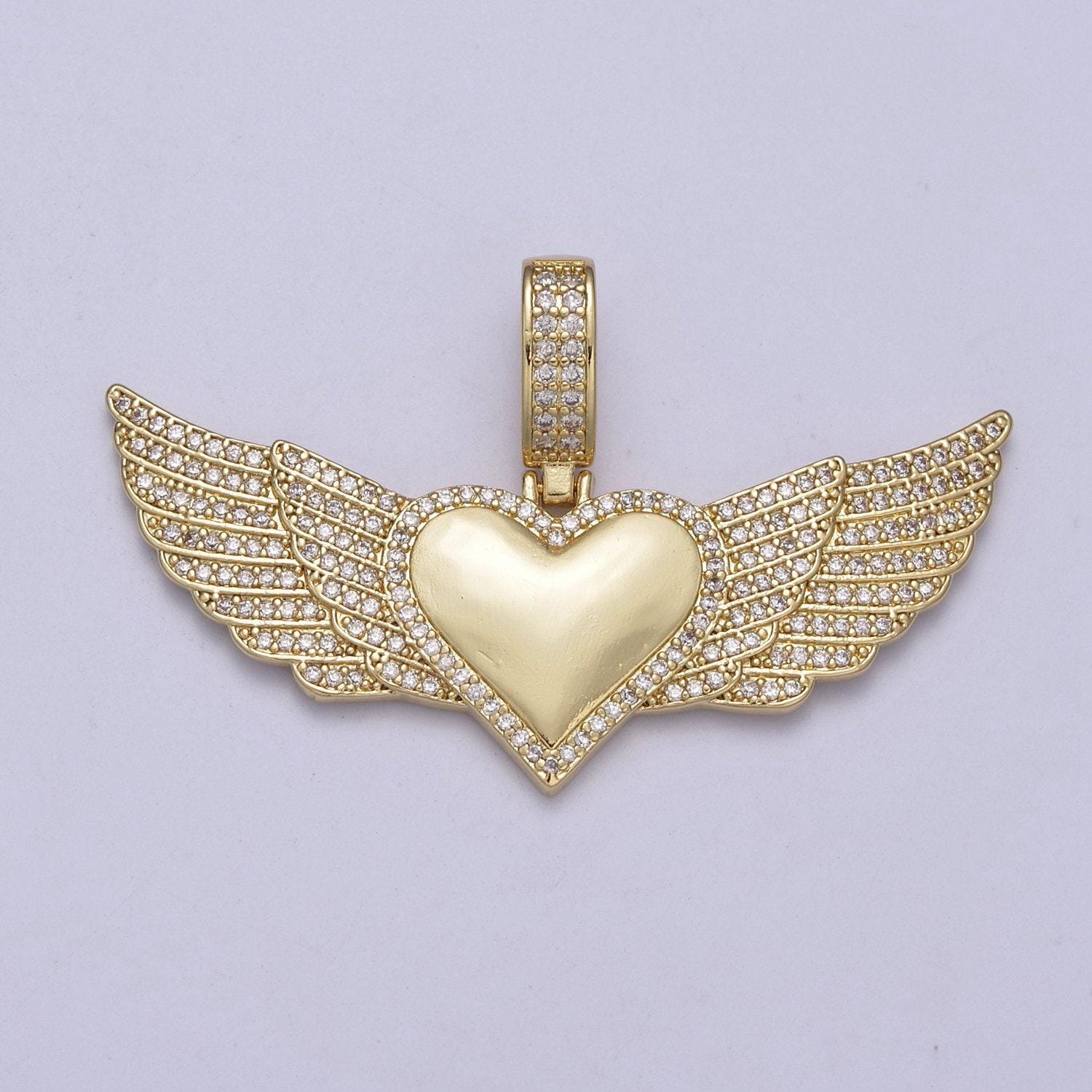 Iced winged heart charm necklace protection pendant cubic zirconia guardian angel wing h-318