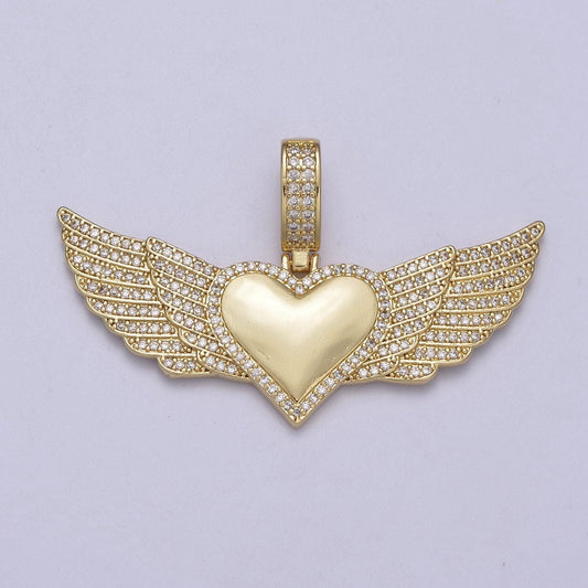 Iced winged heart charm necklace protection pendant cubic zirconia guardian angel wing h-318