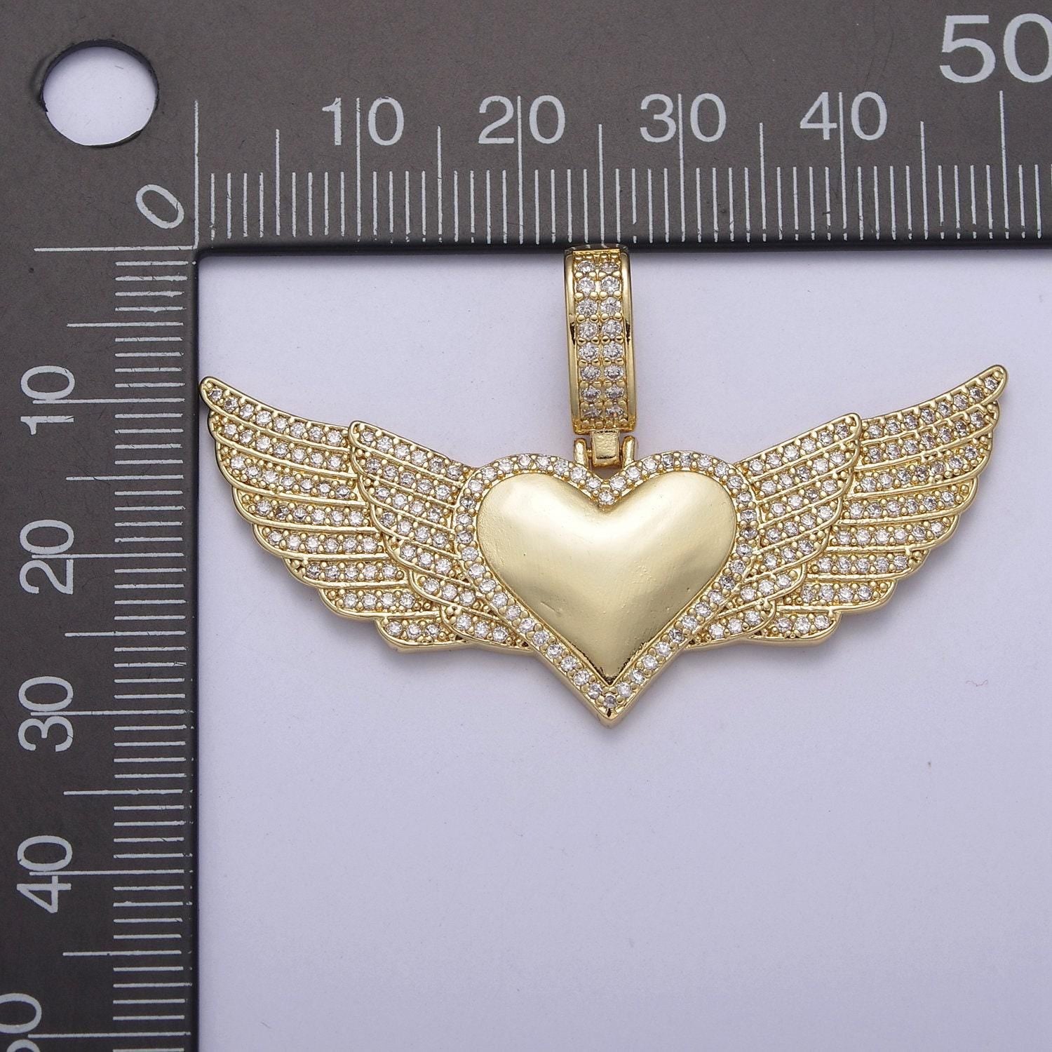 Iced winged heart charm necklace protection pendant cubic zirconia guardian angel wing h-318