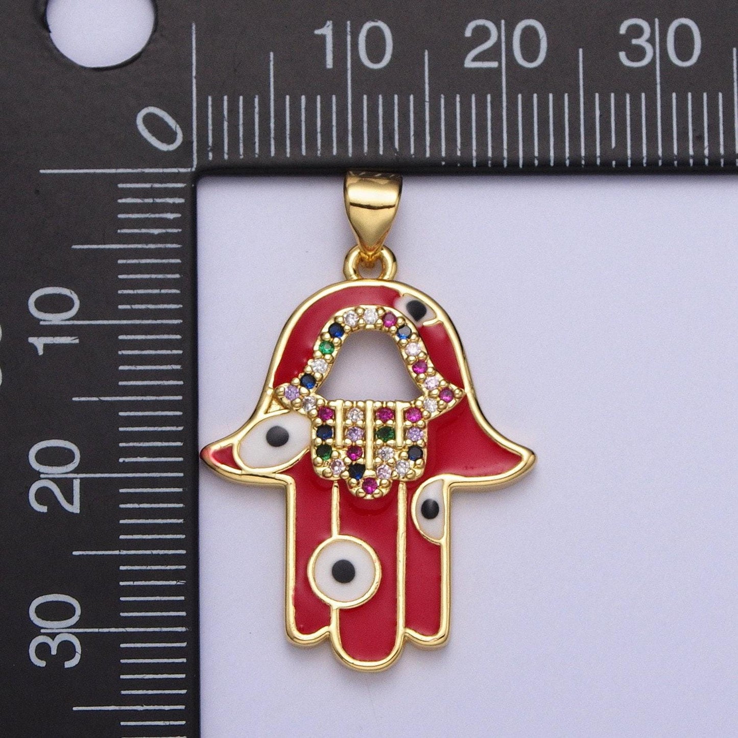 24k gold hamsa hand red rainbow micro pave, cz hamsa hand pendant charm, micro pave cz evil eye pendant charm, for diy jewelry h303