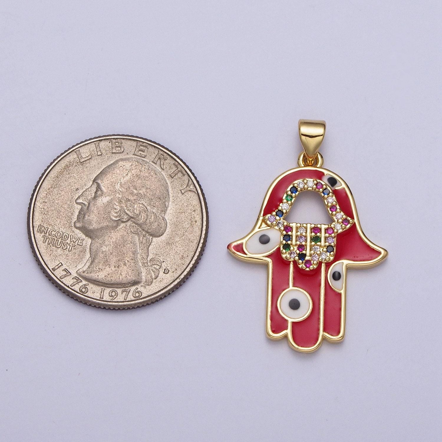 24k gold hamsa hand red rainbow micro pave, cz hamsa hand pendant charm, micro pave cz evil eye pendant charm, for diy jewelry h303