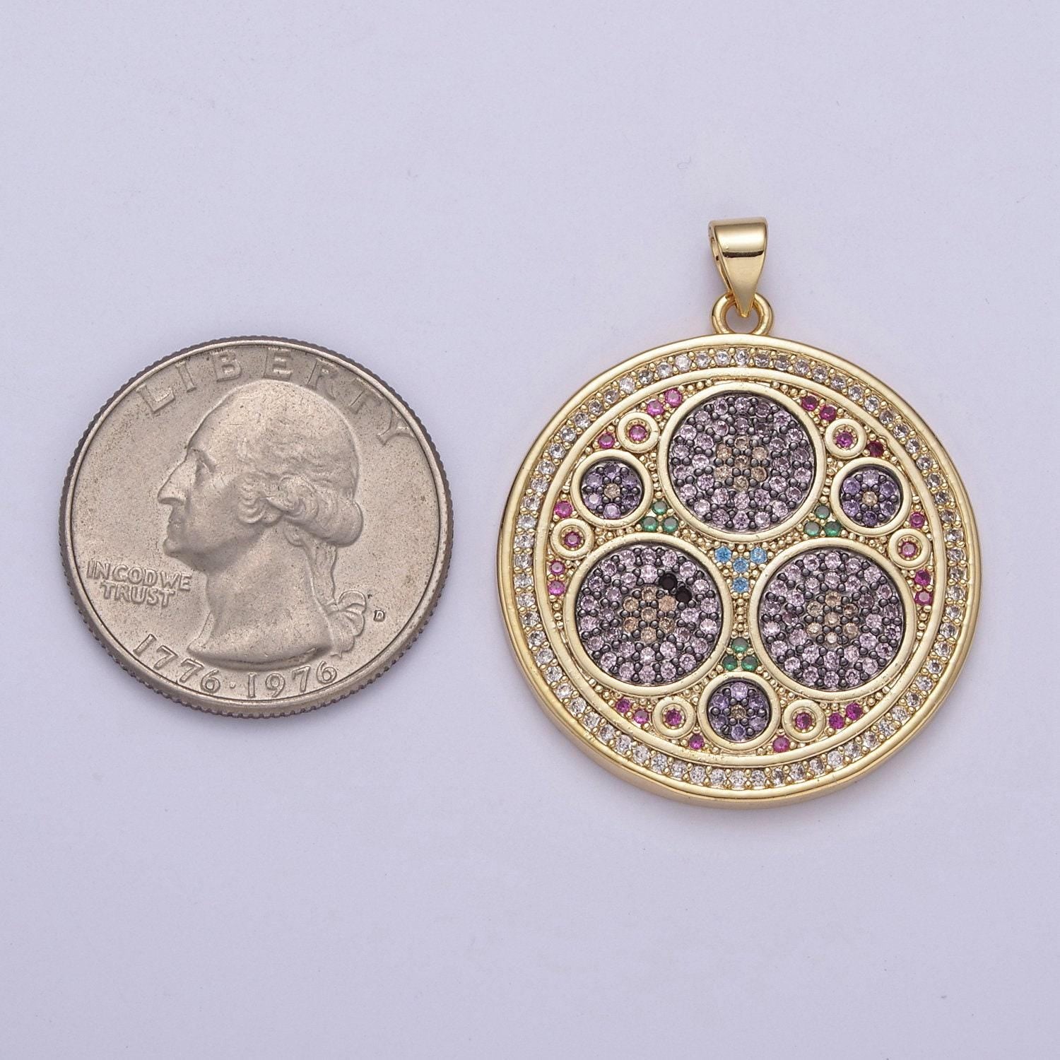Multicolor diamond disc pendant, round disc charm micro pave medallion pendant 14k gold filled h-242, h-243, h-244, h-292